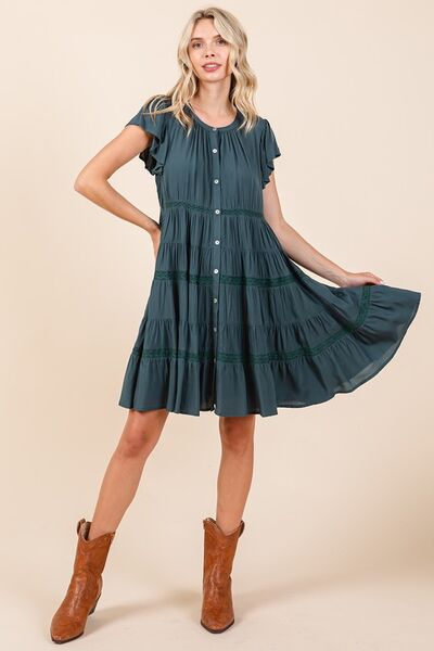 Mittoshop Lace Detail Ruffled Button Down Tiered Dress Casual Dresses