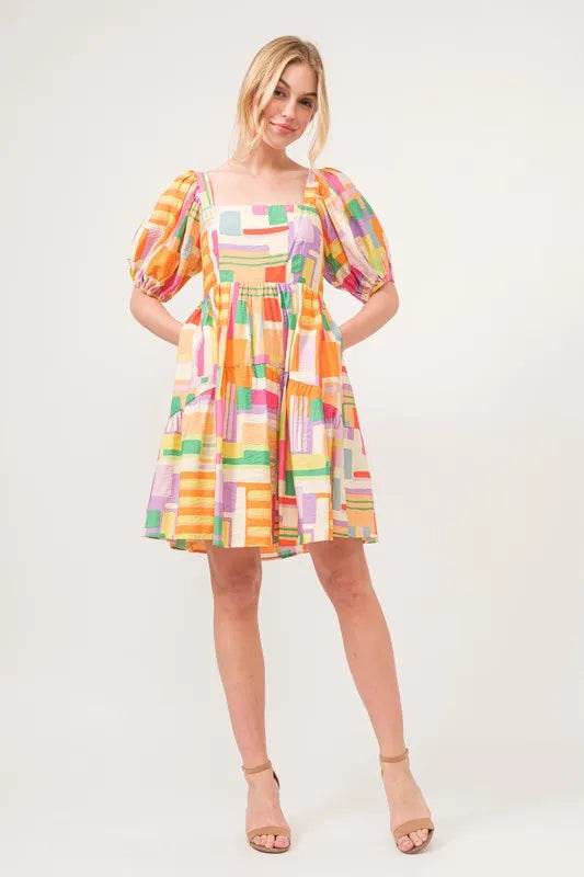 And The Why Square Neck Puff Sleeve Geo Printed Mini Dress - Shop Style & More | Fresh Looks, Everyday Deals & Free Shipping