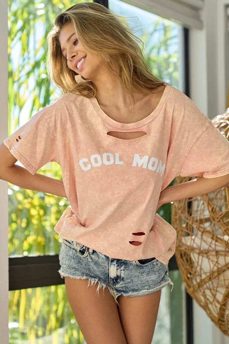 BiBi Washed Laser Cut Detail Cool Mom Print Top - Shop Style & More | Fresh Looks, Everyday Deals & Free Shipping