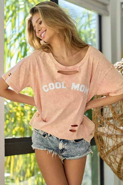 BiBi Washed Laser Cut Detail Cool Mom Print Top - Shop Style & More | Fresh Looks, Everyday Deals & Free Shipping