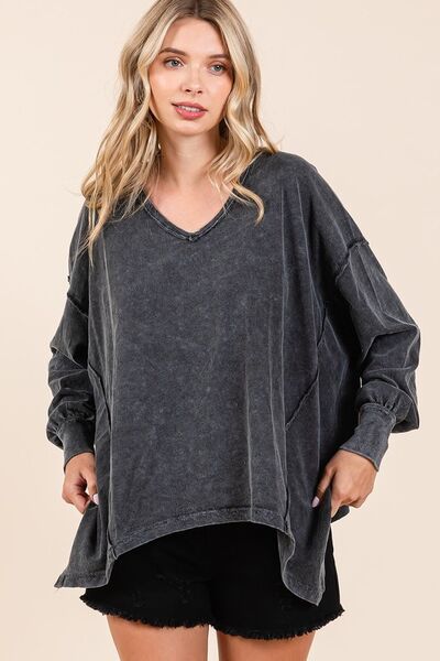 Mittoshop Mineral Wash V-Neck Long Sleeve Oversized Top Blouses