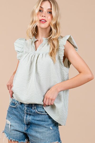 Ces Femme Plaid Notched Ruffled Cap Sleeve Blouse Blouses