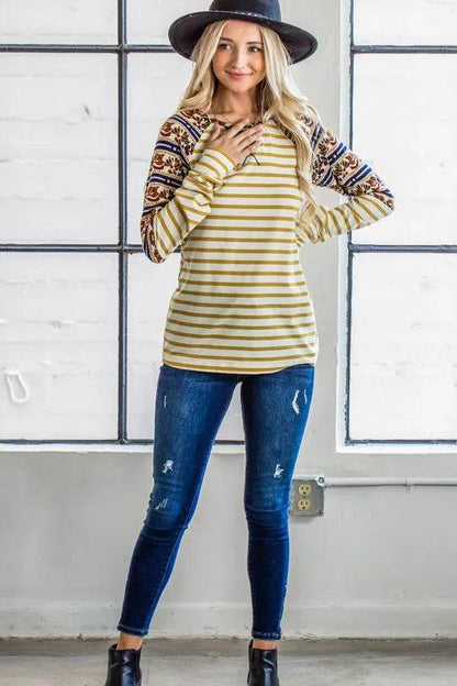 And The Why Stripe Ethnic Print Raglan Top - Shop Style & More | Fresh Looks, Everyday Deals & Free Shipping