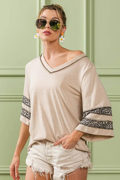 BiBi Triblend Knit Top with Leopard Band Detail - Shop Style & More | Fresh Looks, Everyday Deals & Free Shipping