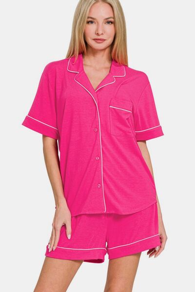 Zenana Button Down Short Sleeve Top and Shorts Lounge Set Hot Pink Lounge Set