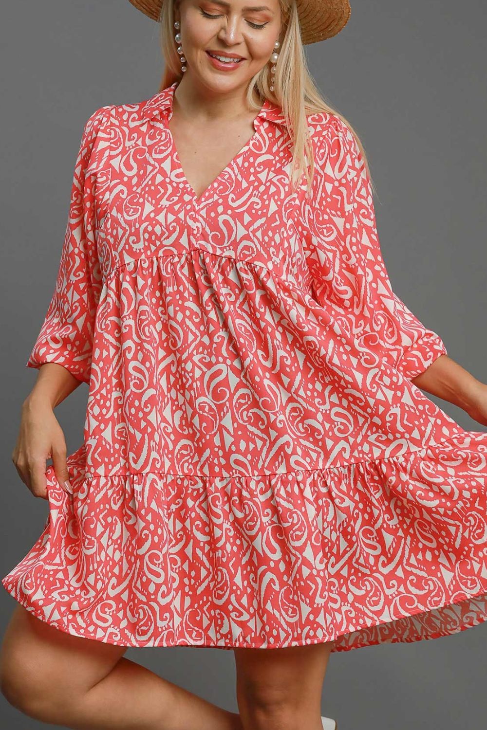 Umgee Full Size Two Tone Print Balloon Sleeve Tiered Dress Plus Size Casual Dresses