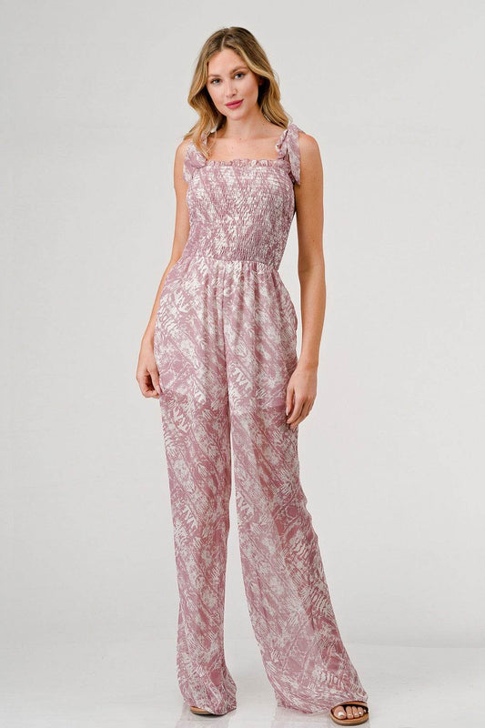 GeeGee Printed Tie Shoulder Wide Leg Jumpsuit - Shop Style & More | Fresh Looks, Everyday Deals & Free Shipping