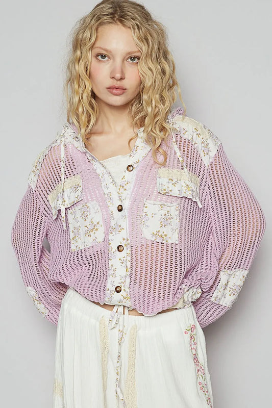 POL Vintage Washed Crochet Hoodie Jacket With Patchwork LAVENDER MULTI Women's Outerwear