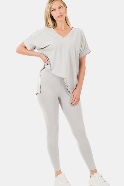 Zenana V-Neck Rolled Short Sleeve T-Shirt and Leggings Lounge Set Lounge Set