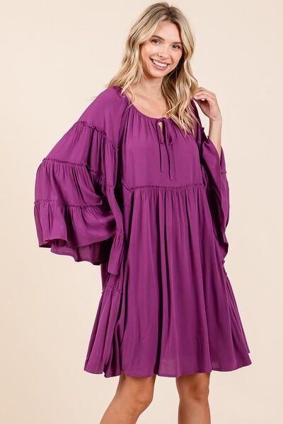 Mittoshop Frill Tie Neck Bell Sleeve Dress Red-Violet Casual Dresses