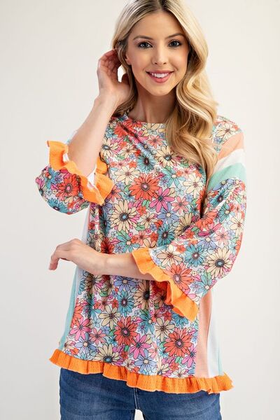 Celeste Full Size Ruffle Sleeve Floral Color Block Top Plus Size Tangerine Blouses