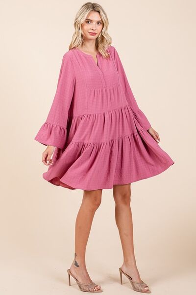 Mittoshop Tiered Notched Flare Sleeve Dress Casual Dresses