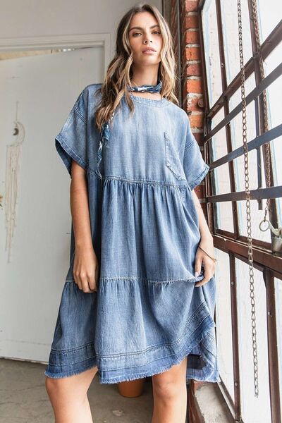 Mittoshop Washed Chambray Denim Oversized Tier Mini Dress Casual Dresses