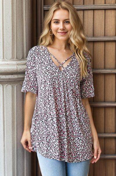 Heimish Full Size Short Sleeve Crisscross Animal Babydoll Top Plus Size - Shop Style & More | Fresh Looks, Everyday Deals & Free Shipping