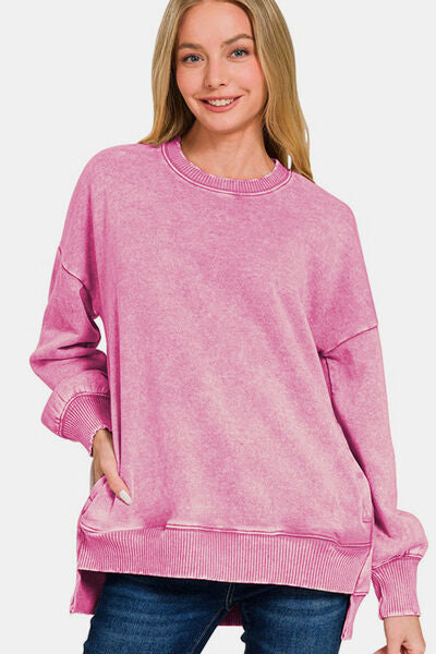 Zenana High-Low Acid Wash Fleece Sweatshirt Dusty Pink Hoodies & Sweaters