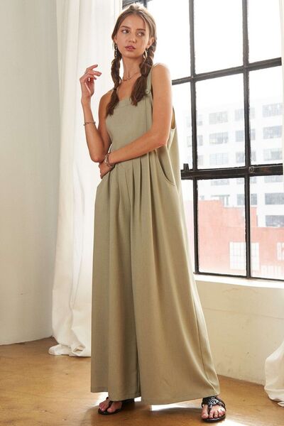 ADORA Square Neck Wide Leg Overalls with Pockets Jumpsuits