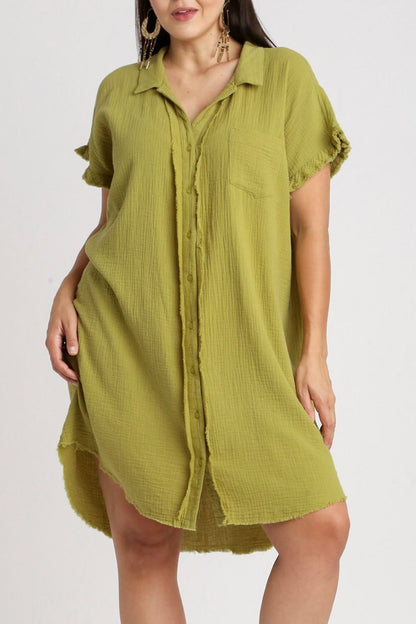 Umgee Full Size Raw Hem Button Down Short Sleeve Gauze Shirt Dress Plus Size Casual Dresses