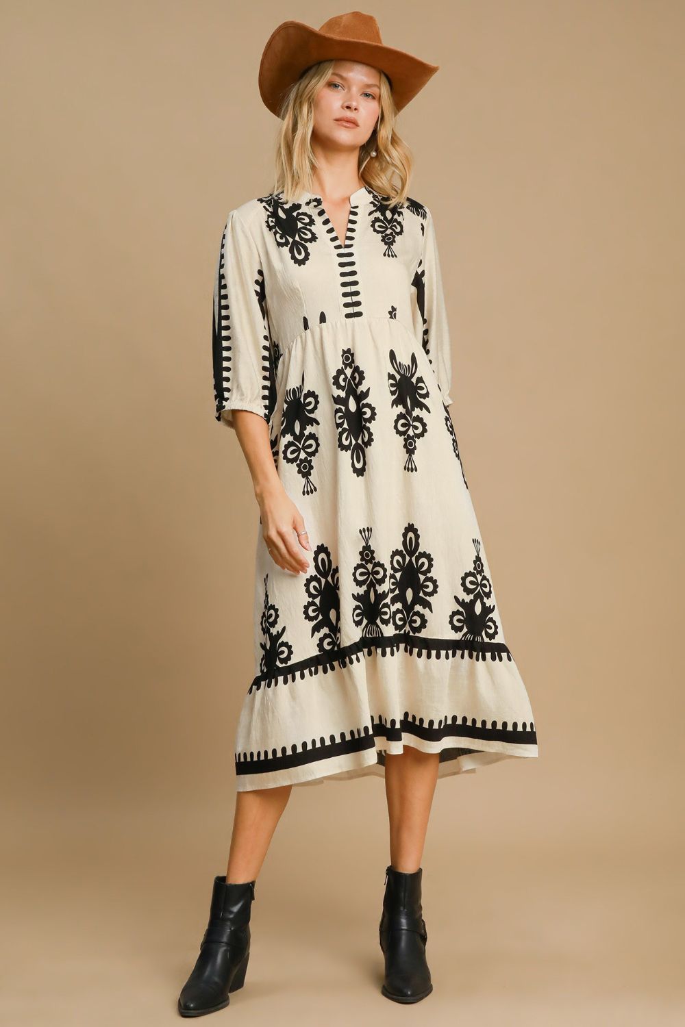 Umgee Printed Notched Midi Dress Casual Dresses