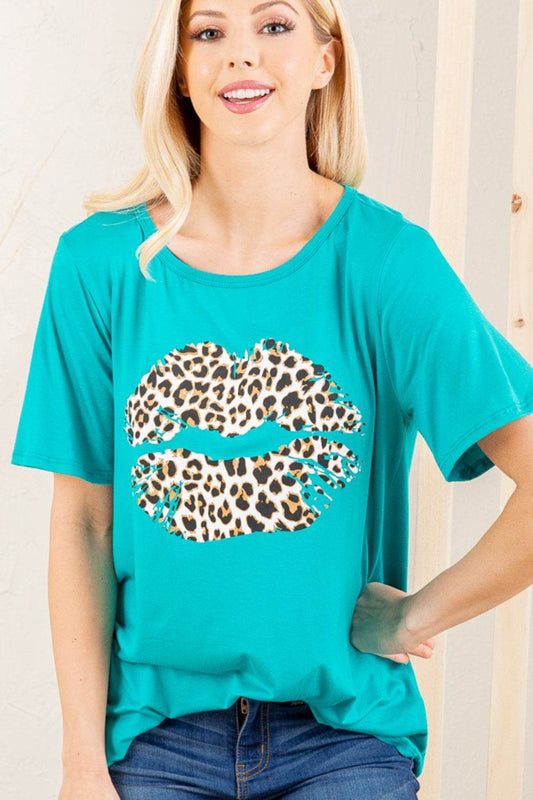 Heimish Full Size Leopard Lip Round Neck Short Sleeve T-Shirt Plus Size - Shop Style & More | Fresh Looks, Everyday Deals & Free Shipping
