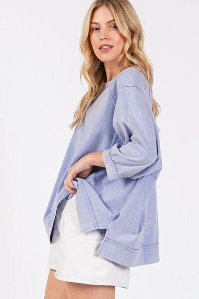 SAGE + FIG Mineral Washed Side Slit Round Neck Sweatshirt Hoodies & Sweaters