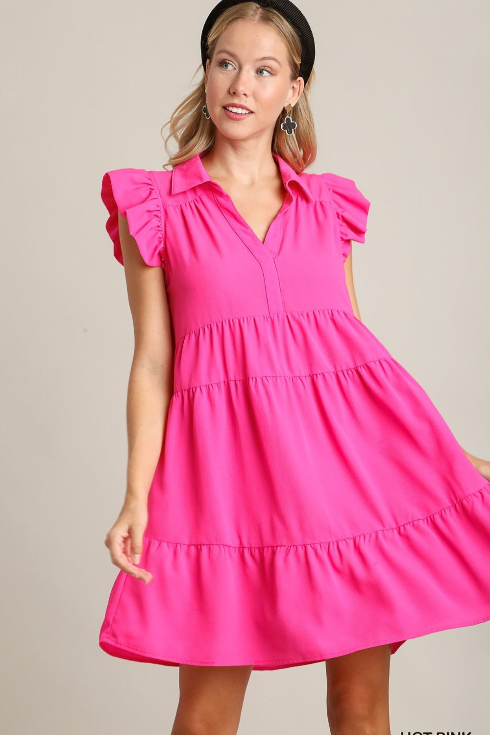 Umgee Full Size Johnny Collar Ruffle Cap Sleeve Tiered Dress Plus Size Hot Pink Casual Dresses