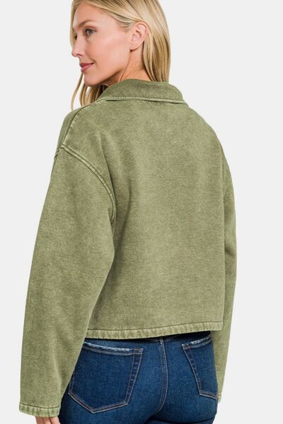 Zenana Acid Wash Fleece Half Snap Sweatshirt with Pocket Hoodies & Sweaters