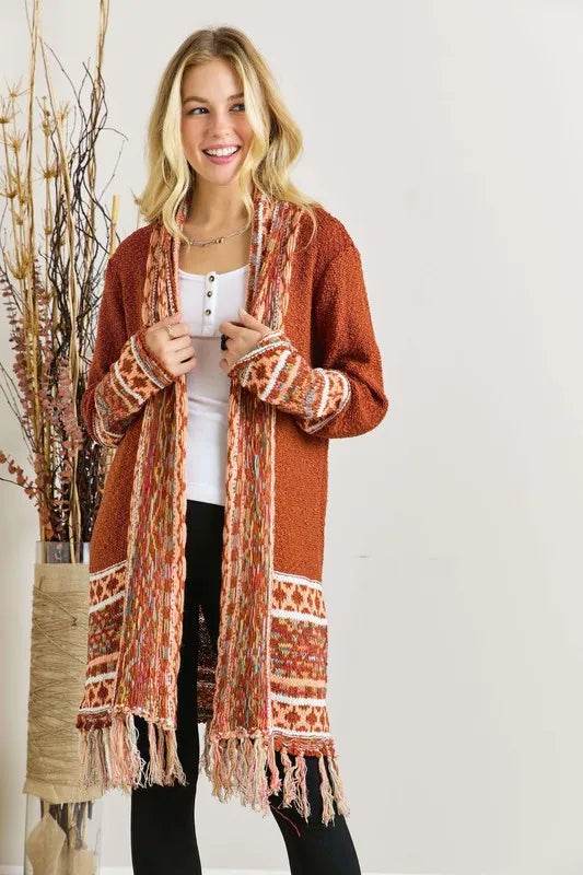 ADORA Full Size Fringe Hem Aztec Border Cardigan Plus Size - Shop Style & More | Fresh Looks, Everyday Deals & Free Shipping