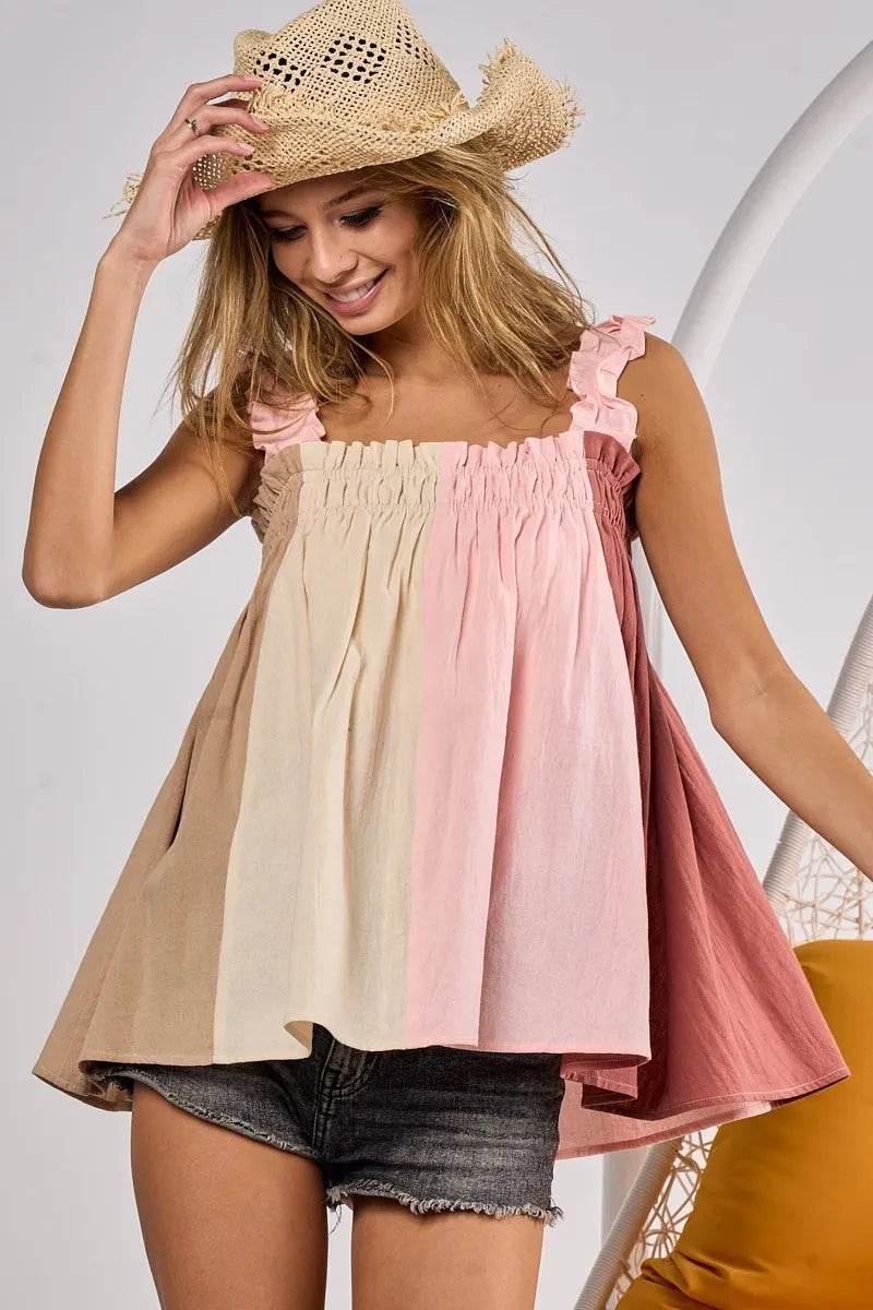 BiBi Frill Shoulder Strap Color Block Bodice Top - Shop Style & More | Fresh Looks, Everyday Deals & Free Shipping