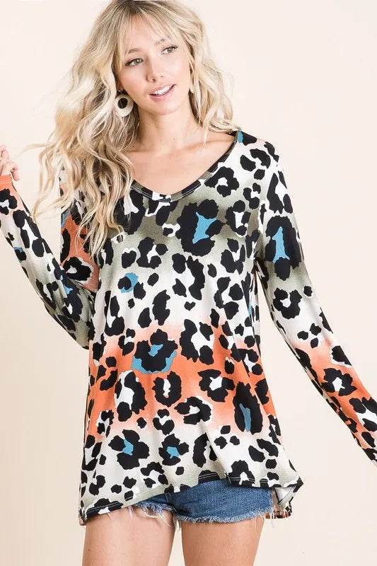BiBi Gradation Leopard Print Soft Knit Deep U Neck Top - Shop Style & More | Fresh Looks, Everyday Deals & Free Shipping