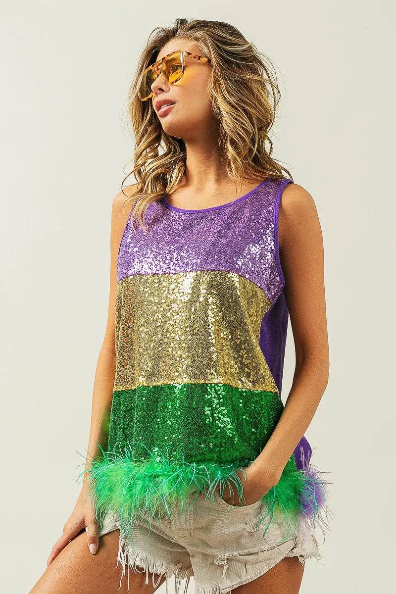 BiBi Mardi Gras Color Block Faux Feather Hem Sequin Top - Shop Style & More | Fresh Looks, Everyday Deals & Free Shipping