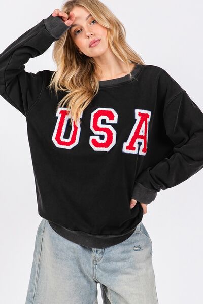 SAGE + FIG USA Letter Patch Round Neck Sweatshirt Black Hoodies & Sweaters