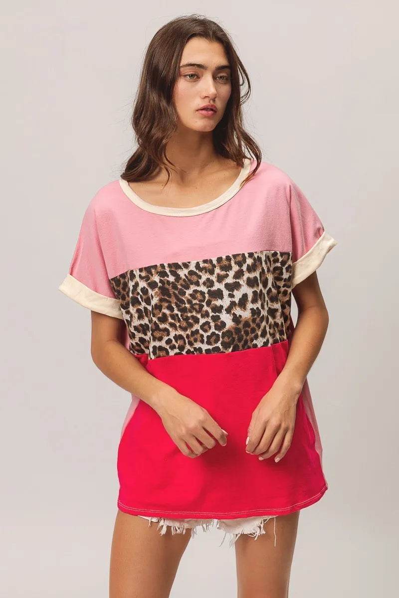 BiBi Leopard Printed Jersey Color Block Roll Up - Shop Style & More | Fresh Looks, Everyday Deals & Free Shipping