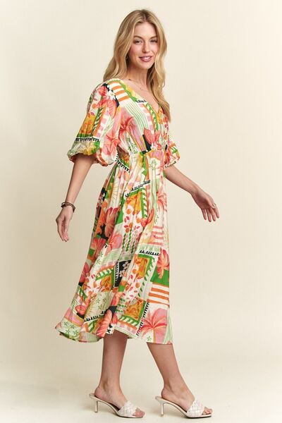 ADORA Floral V-Neck Puff Sleeve Midi Dress Casual Dresses