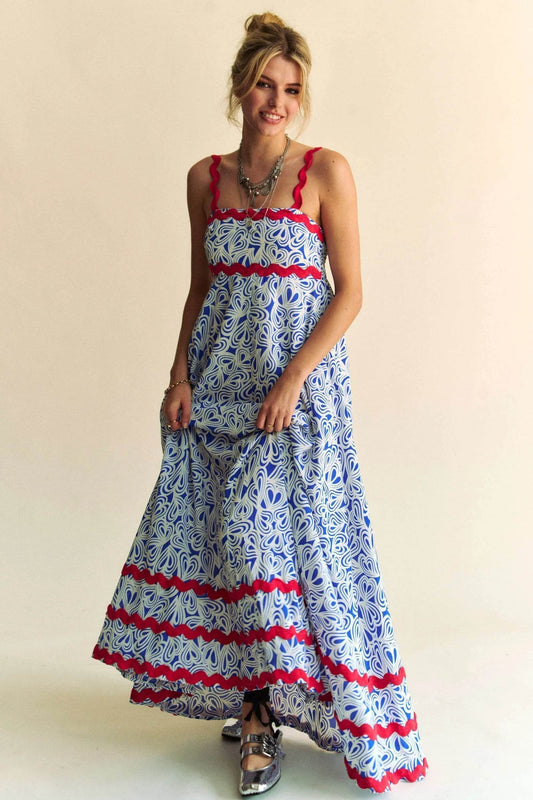 Davi & Dani Geo 2 Tone Printed Wavi Trim Tiered Maxi Dress - Shop Style & More | Fresh Looks, Everyday Deals & Free Shipping