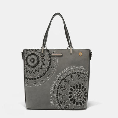 Nicole Lee USA Metallic Stitching Embroidery Inlaid Rhinestone Tote Bag Gray One Size Bags