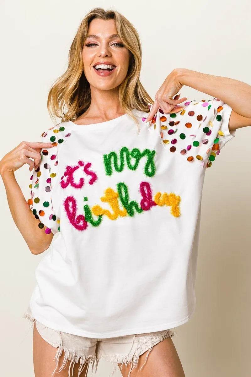 BiBi Metallic Letter Spangle Raglan Puff Sleeve Top - Shop Style & More | Fresh Looks, Everyday Deals & Free Shipping