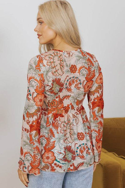 Celeste Floral V Neck Knot Bell Sleeve Blouse - Shop Style & More | Fresh Looks, Everyday Deals & Free Shipping