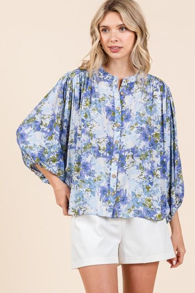 Mittoshop Flower Print Batwing Sleeve Button Down Blouse Blouses