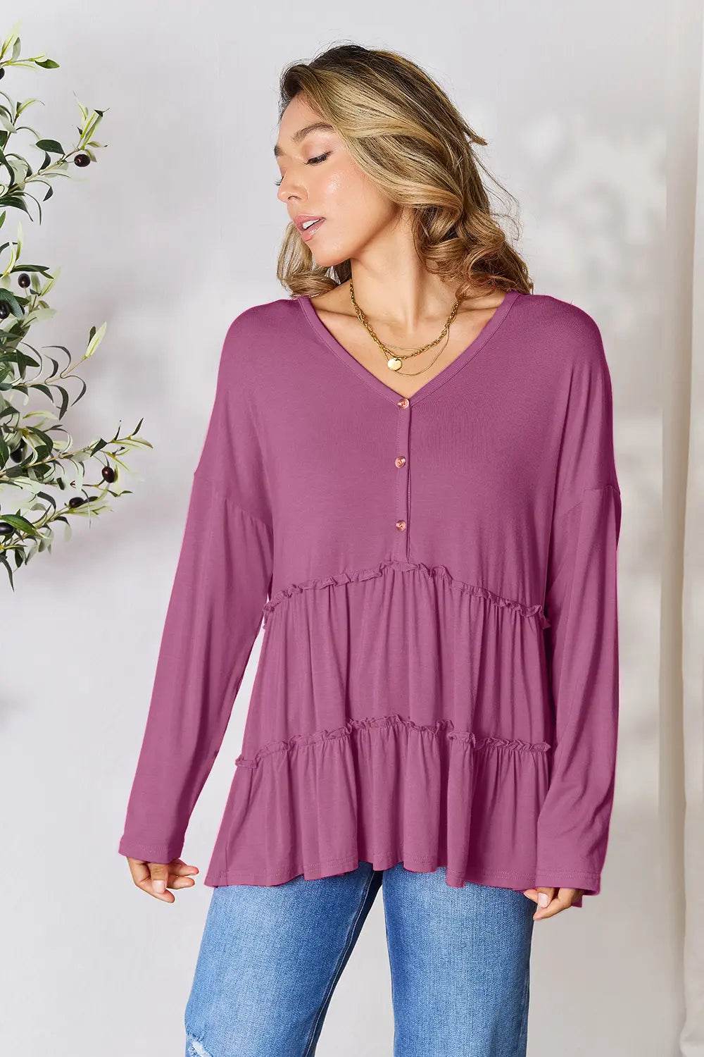 Double Take Half Button Long Sleeve Ruffle Hem Blouse - Shop Style & More | Fresh Looks, Everyday Deals & Free Shipping