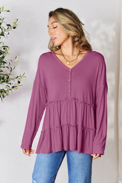 Double Take Half Button Long Sleeve Ruffle Hem Blouse - Shop Style & More | Fresh Looks, Everyday Deals & Free Shipping