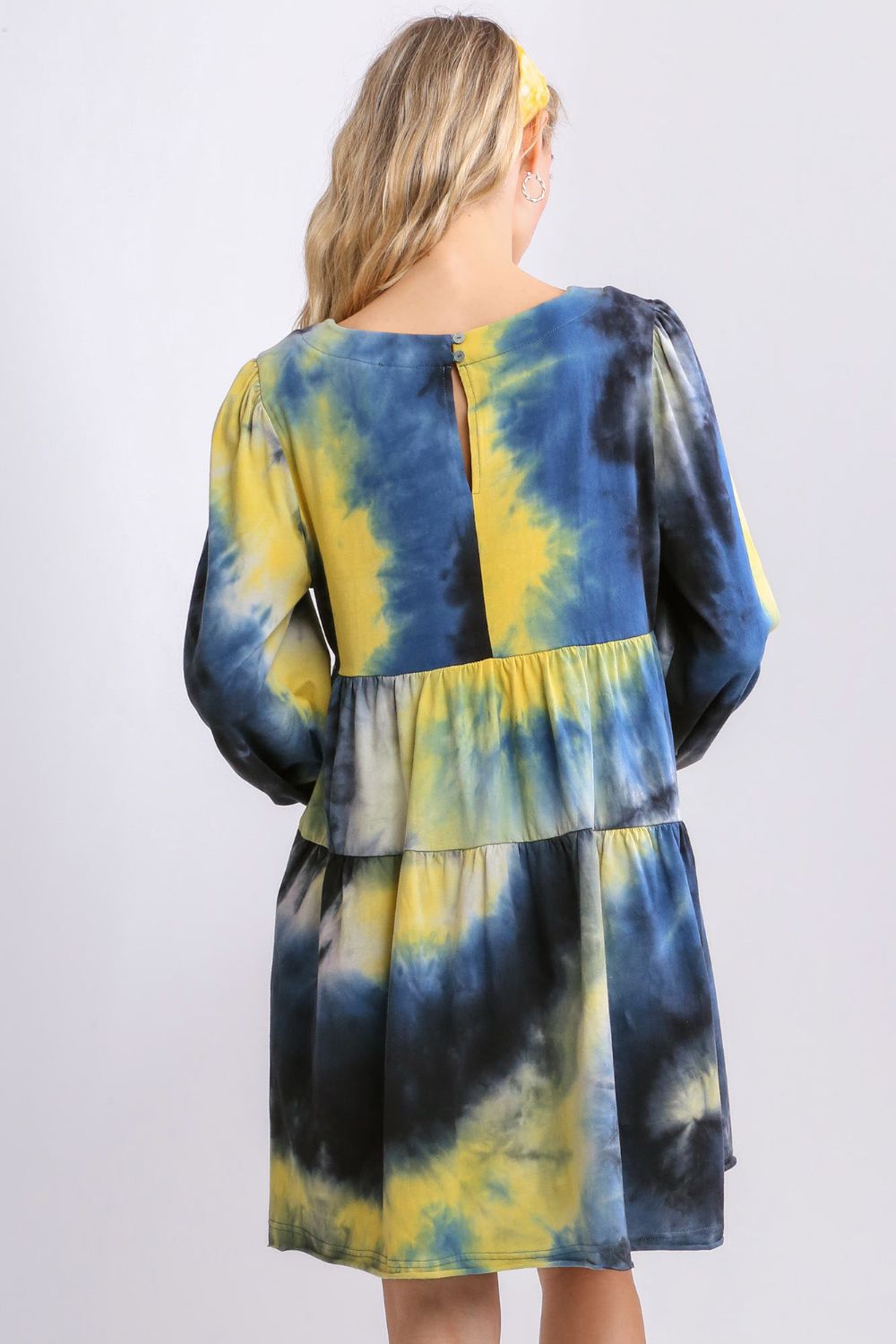 Umgee Full Size Tie Dye Round Neck Long Sleeve Babydoll Tiered Dress Plus Size Casual Dresses