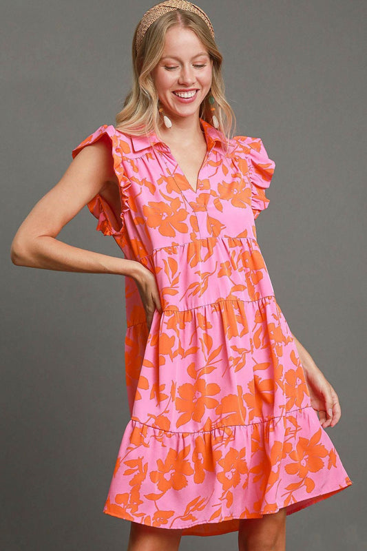 Umgee Full Size Floral Print Ruffle Cap Sleeve Tiered Dress Plus Size PINK ORANGE Casual Dresses