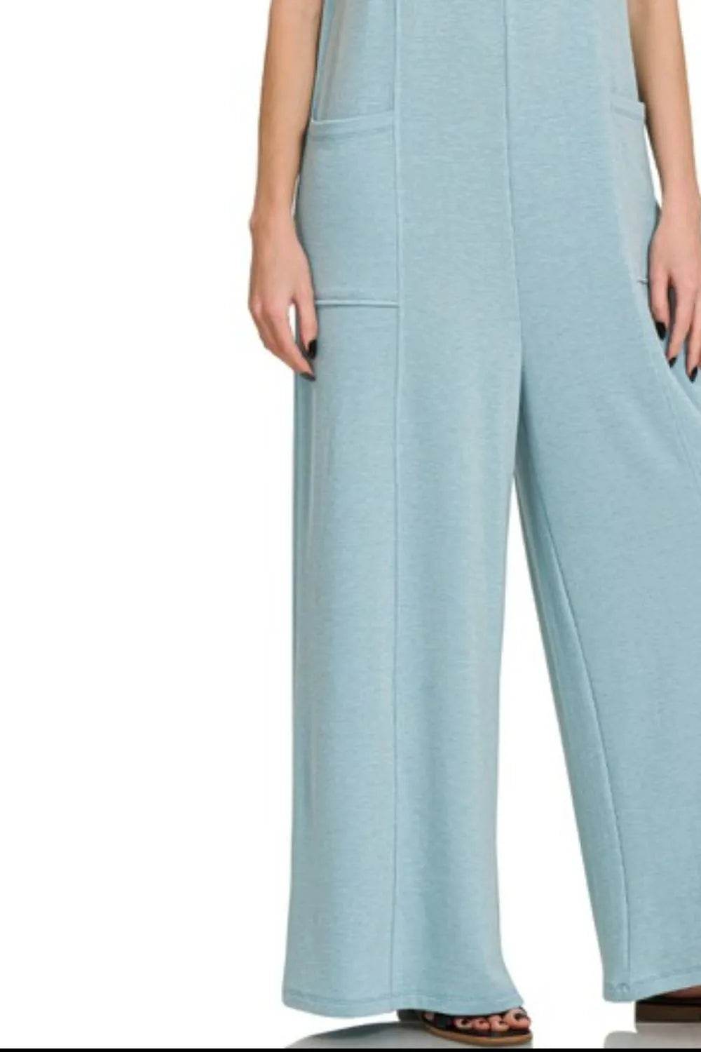 Zenana French Terry Deep V Neck Jumpsuits - Shop Style & More | Fresh Looks, Everyday Deals & Free Shipping