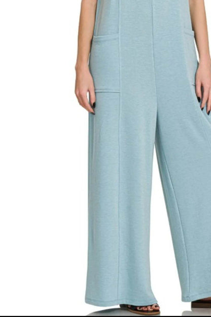Zenana French Terry Deep V Neck Jumpsuits - Shop Style & More | Fresh Looks, Everyday Deals & Free Shipping