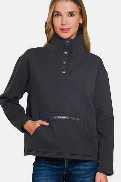 Zenana Turtleneck Half Snap Fleece Sweatshirt Black Hoodies & Sweaters