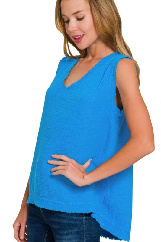Zenana Double Gauze Raw Edge V-Neck Tank - Shop Style & More | Fresh Looks, Everyday Deals & Free Shipping