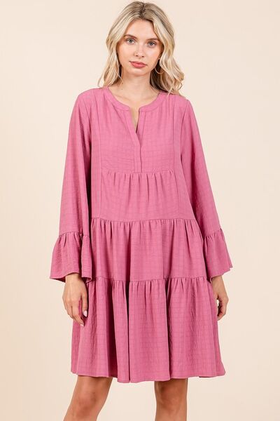 Mittoshop Tiered Notched Flare Sleeve Dress Rose Casual Dresses