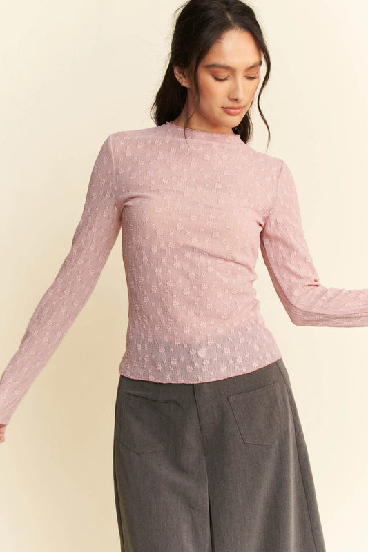Davi & Dani Long Sleeve Sheer Small Embroidered Bows Lace Top - Shop Style & More | Fresh Looks, Everyday Deals & Free Shipping