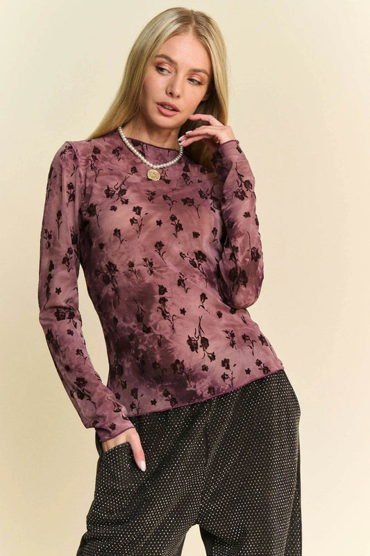 Davi & Dani Floral Mesh Long Sleeve Sheer Layering Top - Shop Style & More | Fresh Looks, Everyday Deals & Free Shipping