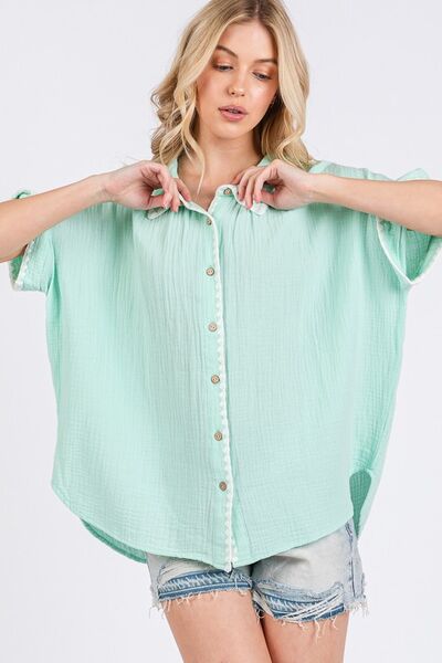 SAGE+FIG Boho Contrast Zigzag Trim Gauze Button-Up Shirt Blouses